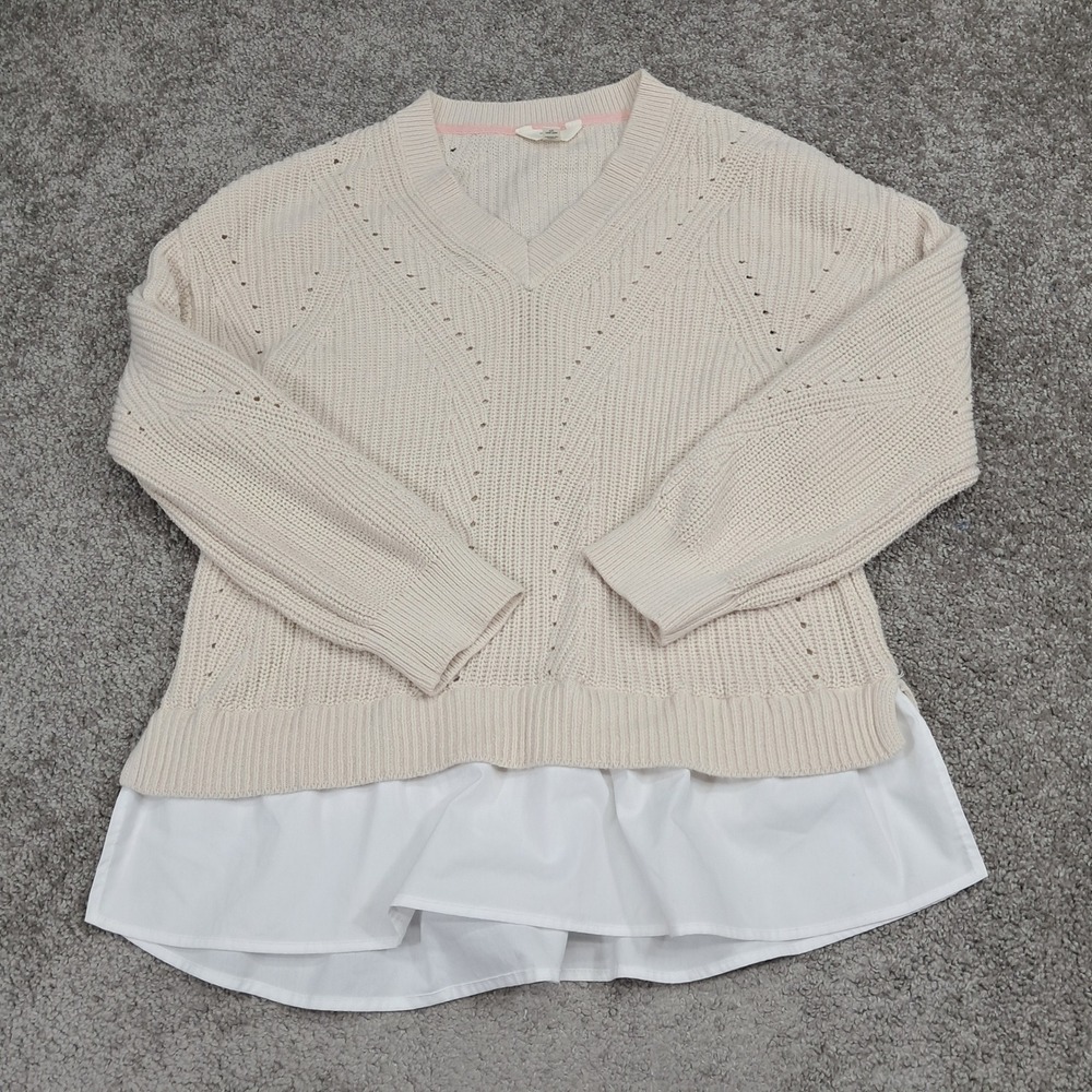 Terra & Sky Womens 1X Cream Layered‎ V-Neck Mixed Media Knit Sweater